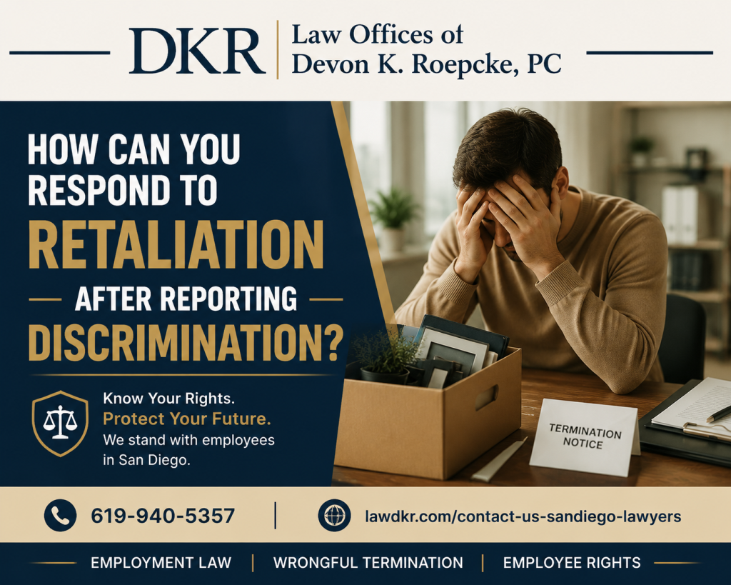 Distressed employee facing workplace retaliation after reporting discrimination with San Diego employment attorney branding from the Law Offices of Devon K. Roepcke