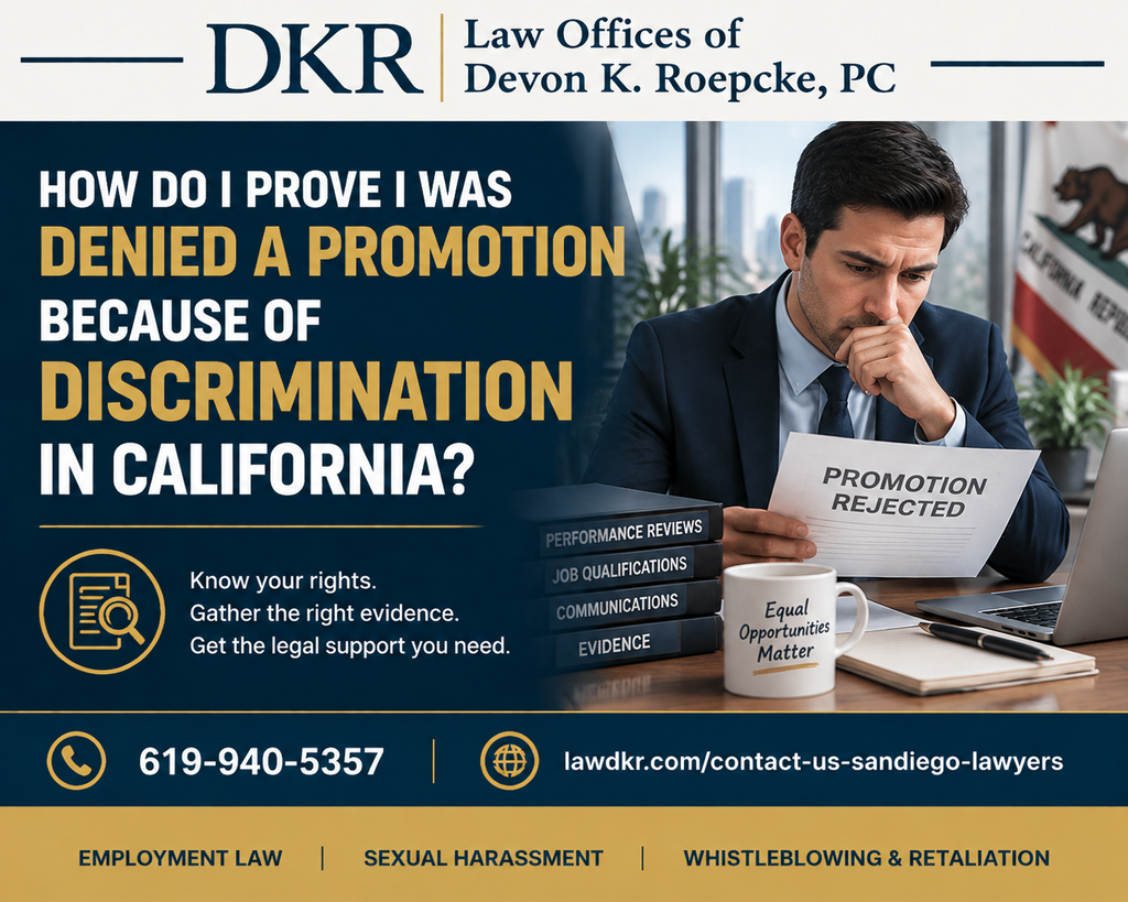 A professional legal graphic showing an employee reviewing a denied promotion notice and workplace evidence while highlighting discrimination protections under California employment law.